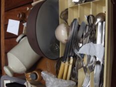 Assorted items to include two glass decanters, fla