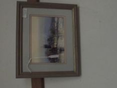 Framed watercolour, title to verso 'Evensong' sign