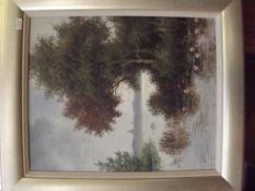 Large framed oil on canvas, river and forest scene