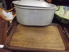 Aluminium ham kettle together with a treen serving