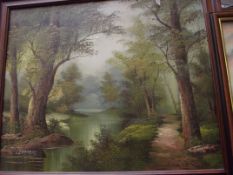 Signed oil on canvas, river and forest scene