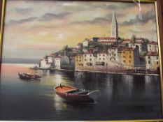 Signed oil on canvas, harbour scene