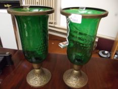 Two etched green vase on brass pedestals