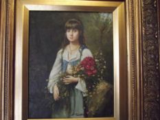 Oil on canvas depicting a girl with flowers, signe