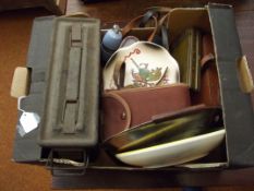 Box to include vintage cameras and ammunition box