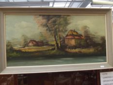 Oil on canvas, lake and cottage scene