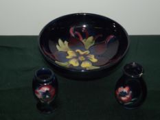 Moorcroft footed bowl in the Colombine pattern (with Potters to the Late Queen Mary label)