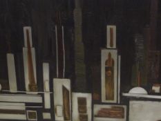 Large mixed media on board depicting Manhattan skyline, signed P Waganowicz lower right and dated '