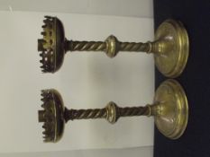 Pair of brass Pugin style Church candlesticks, with knopped and spiral twist stems, height 12cm