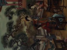 20th century Chinese reverse painting on glass, garden scene depicting female scholars, 64cm x 44cm