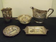 Various silver plate/white metal to include a tea strainer and stand, pin dishes, presentation