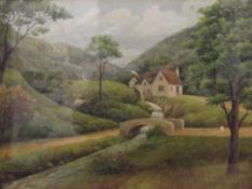 Framed naive oil on board, rural scene with river