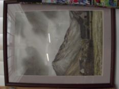 Framed watercolour, moorland and barn scene, signe