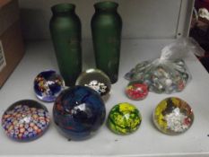 7 paper weight, pair of vases and a collection of