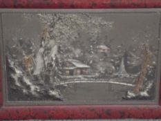 Chinese hand painted plaque decorated in relief wi