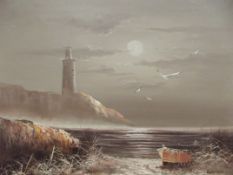 Framed oil on canvas, coast and lighthouse scene,