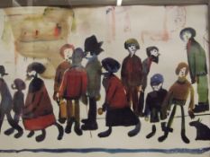 Laurence Stephen Lowry (1887-1976) coloured print 'People Standing About' signed in pencil lower