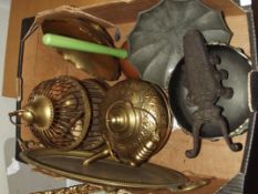 Assorted metal ware to include a brass ornamental