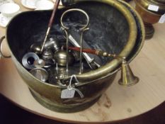 Brass coal bucket and contents