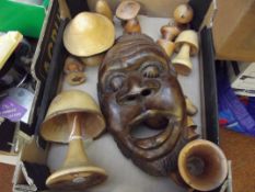 Various treen items to include a wall mask