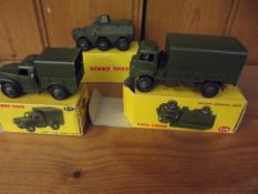 Three Dinky army vehicles, boxed