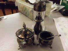 Silver three piece cruet set to together with a su