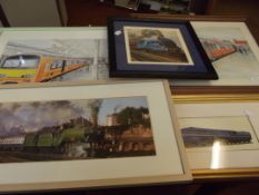 Five framed prints, each depicting trains