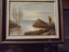 Framed oil on canvas, lake scene