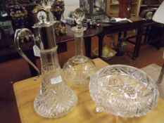 Cut glass claret jug, cut glass fruit bowl togethe