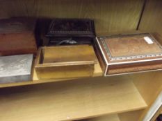 Five treen boxes to include a pewter example, also