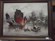 Framed acrylic on canvas depicting a junk at sea