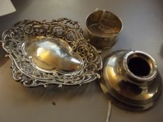 Silver bonbon dish, silver inkwell, together with