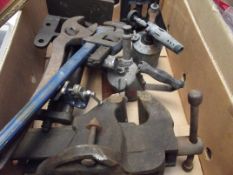 Various tools to include two bench vices, blow lam