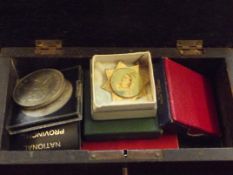 Carved wood box, coin and other contents