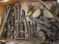 Box of vintage blow lamps and others