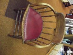 Victorian oak spindle back tub chair with leather