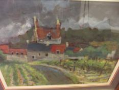 Framed watercolour, farmhouse scene, signed indist