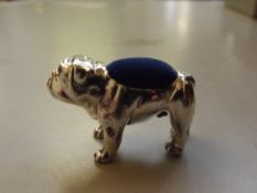 Silver stamped pin cushion, bull dog