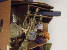 Assorted items to include a three branch candelabr