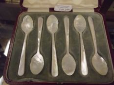 Cased set of six solid mother of pearl teaspoons