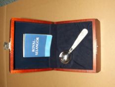 Cased Royal Selangor silver and mother of pearl ba