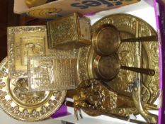 Assorted brassware to include wall chargers, bello