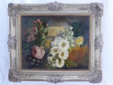 19th Century Oil on Board, attributed to Mrs Eugenie Simpson, depicting 'Summer Flowers', approx
