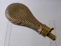 An Antique Copper and Brass Powder Flask, stamped W.H. Hawksley, basket weave and foliate pattern.