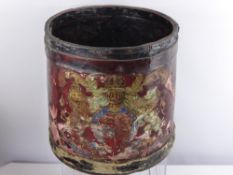 An Antique Military Circular Box, depicting a Royal Coat of Arms, leather with a metal base.