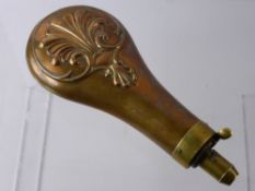 An Antique Copper and Brass Powder Flask, stamped W.H. Hawksley, shell form pattern.