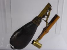 An Antique Leather Shot Pouch, stamped W Batram together with a rosewood and brass powder