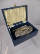 A John Gilbert Silver Plated Candle Snuff and Tray, the scissor form snuff having floral and shell