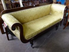 A Rosewood Framed Settee in the Federal Style, gold brocade upholstery, supported on turned legs