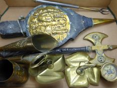 A Quantity of Brass, including a trivet, bellows, candle stick, shell cases and wall sconces, approx